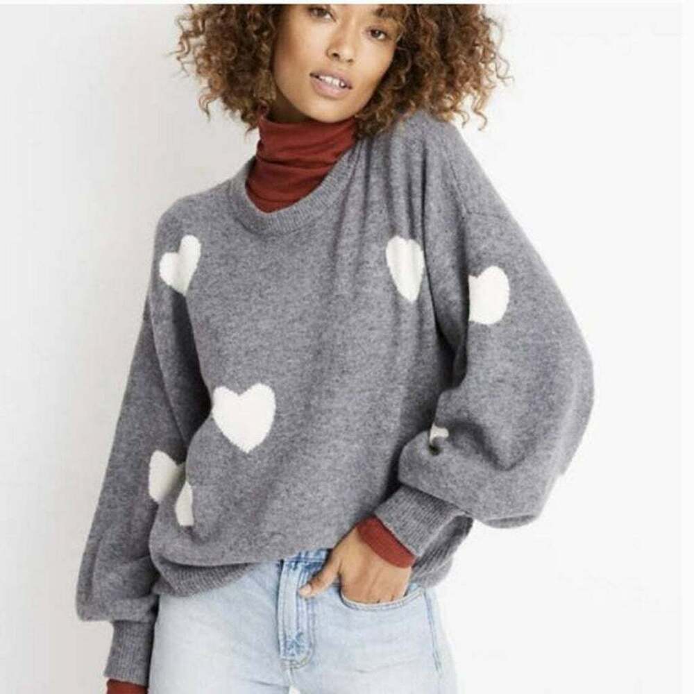 Madewell Heart Dot Balloon Sleeve Grey White Sweater Wool Alpaca Blend Medium